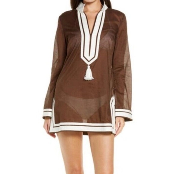 Tory Burch Brown and White Craftan Resort Swim Coverup- Size 8 - Picture 1 of 5